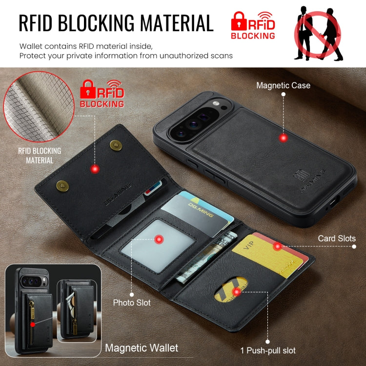 For Google Pixel 9 Pro XL DG.MING M5 Series Zip RFID Multi Card Detachable Leather Phone Case