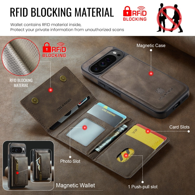 For Google Pixel 9 Pro XL DG.MING M5 Series Zip RFID Multi Card Detachable Leather Phone Case