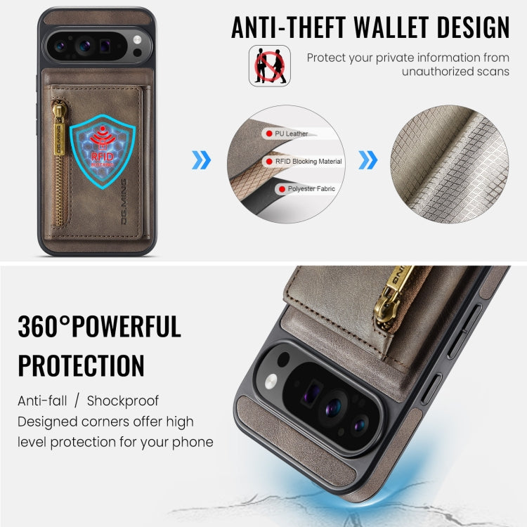 For Google Pixel 9 Pro XL DG.MING M5 Series Zip RFID Multi Card Detachable Leather Phone Case