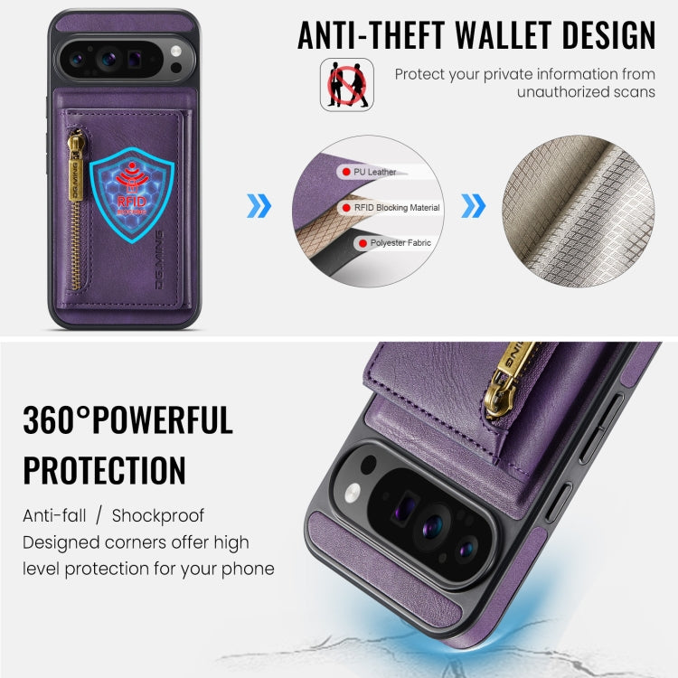 For Google Pixel 9 Pro XL DG.MING M5 Series Zip RFID Multi Card Detachable Leather Phone Case