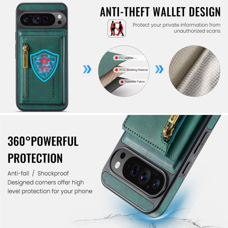 For Google Pixel 9 Pro XL DG.MING M5 Series Zip RFID Multi Card Detachable Leather Phone Case