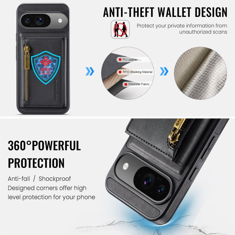 For Google Pixel 9 / 9 Pro DG.MING M5 Series Zip RFID Multi Card Detachable Leather Phone Case