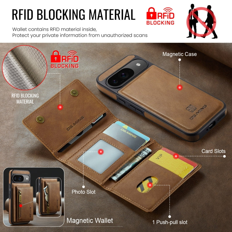 For Google Pixel 9 / 9 Pro DG.MING M5 Series Zip RFID Multi Card Detachable Leather Phone Case