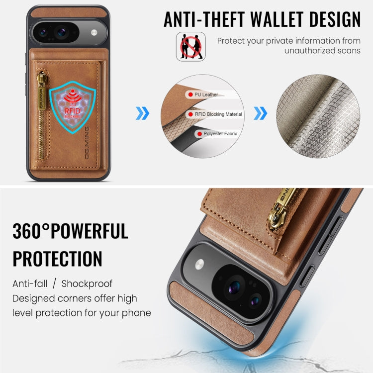 For Google Pixel 9 / 9 Pro DG.MING M5 Series Zip RFID Multi Card Detachable Leather Phone Case