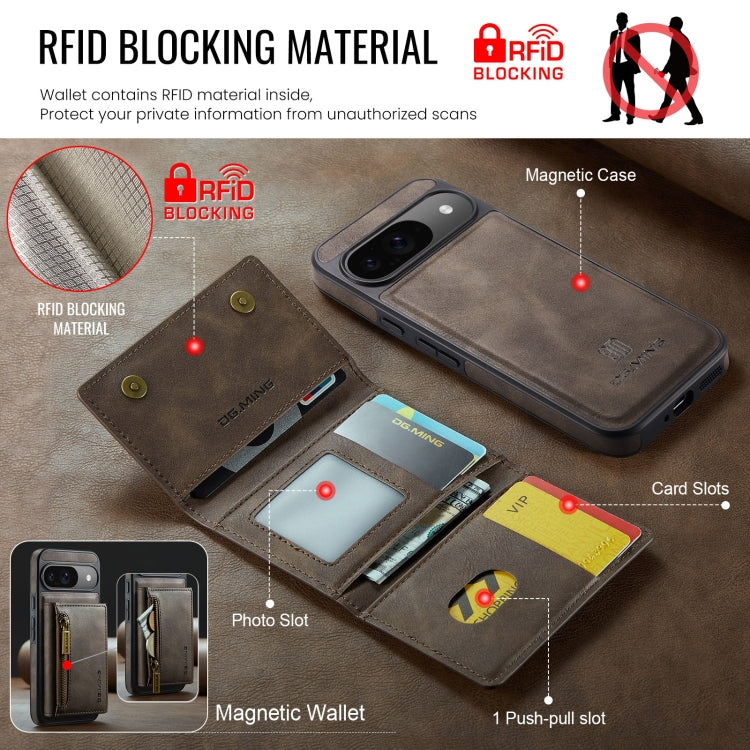 For Google Pixel 9 / 9 Pro DG.MING M5 Series Zip RFID Multi Card Detachable Leather Phone Case