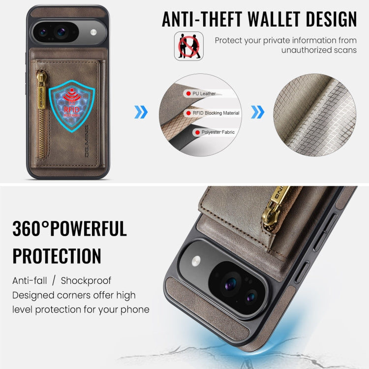For Google Pixel 9 / 9 Pro DG.MING M5 Series Zip RFID Multi Card Detachable Leather Phone Case