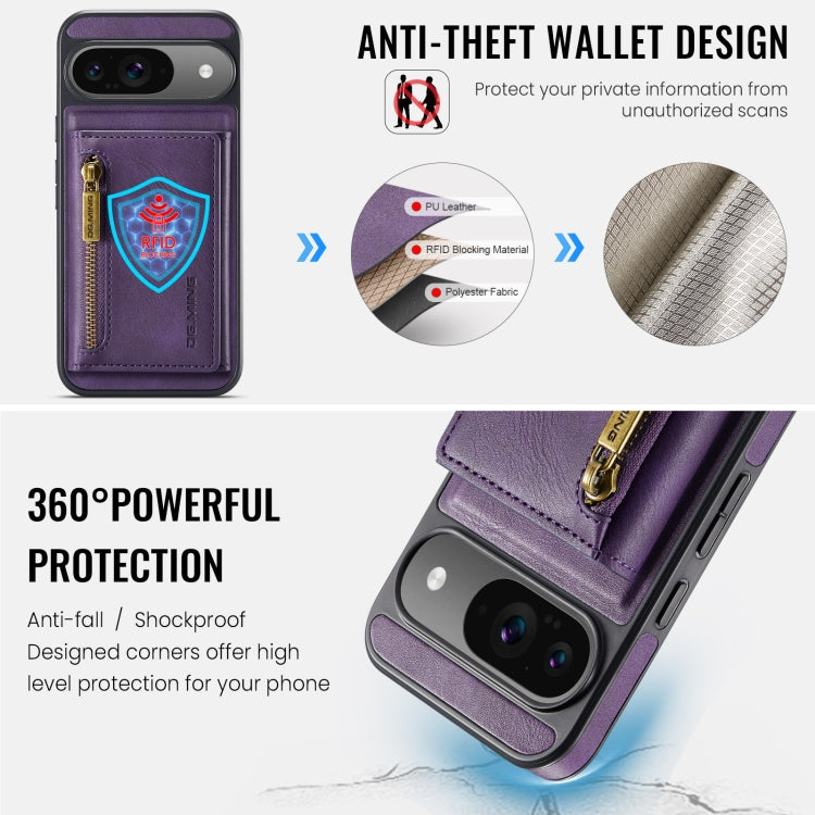 For Google Pixel 9 / 9 Pro DG.MING M5 Series Zip RFID Multi Card Detachable Leather Phone Case