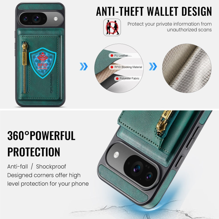 For Google Pixel 9 / 9 Pro DG.MING M5 Series Zip RFID Multi Card Detachable Leather Phone Case