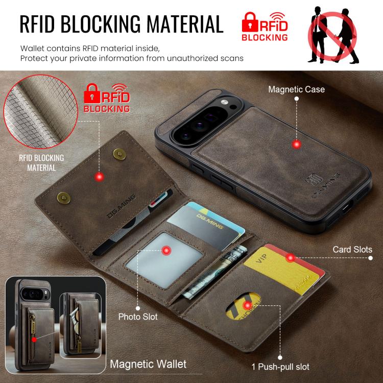 For Google Pixel 10 Pro XL DG.MING M5 Series Zip RFID Multi Card Detachable Leather Phone Case