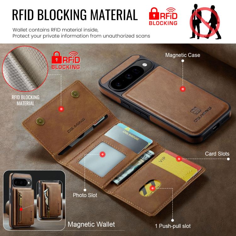 For Google Pixel 10 / Pixel 10 Pro DG.MING M5 Series Zip RFID Multi Card Detachable Leather Phone Case