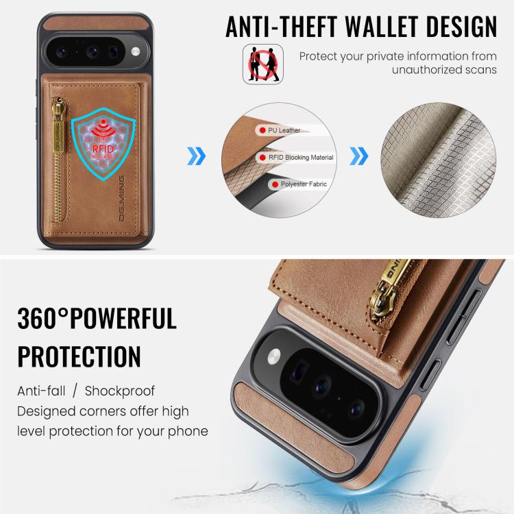 For Google Pixel 10 / Pixel 10 Pro DG.MING M5 Series Zip RFID Multi Card Detachable Leather Phone Case