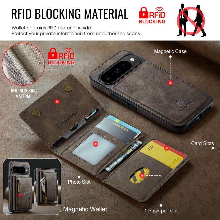 For Google Pixel 10 / Pixel 10 Pro DG.MING M5 Series Zip RFID Multi Card Detachable Leather Phone Case