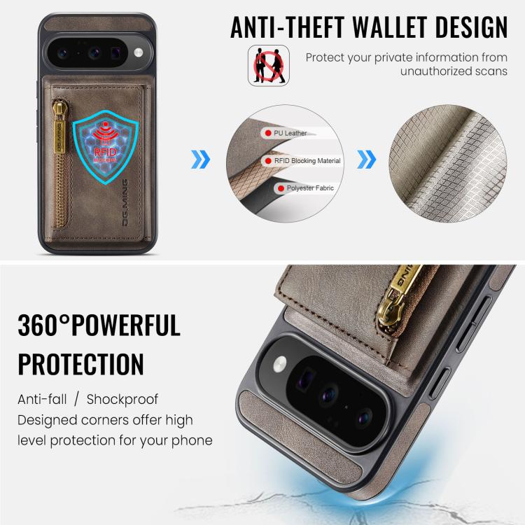 For Google Pixel 10 / Pixel 10 Pro DG.MING M5 Series Zip RFID Multi Card Detachable Leather Phone Case