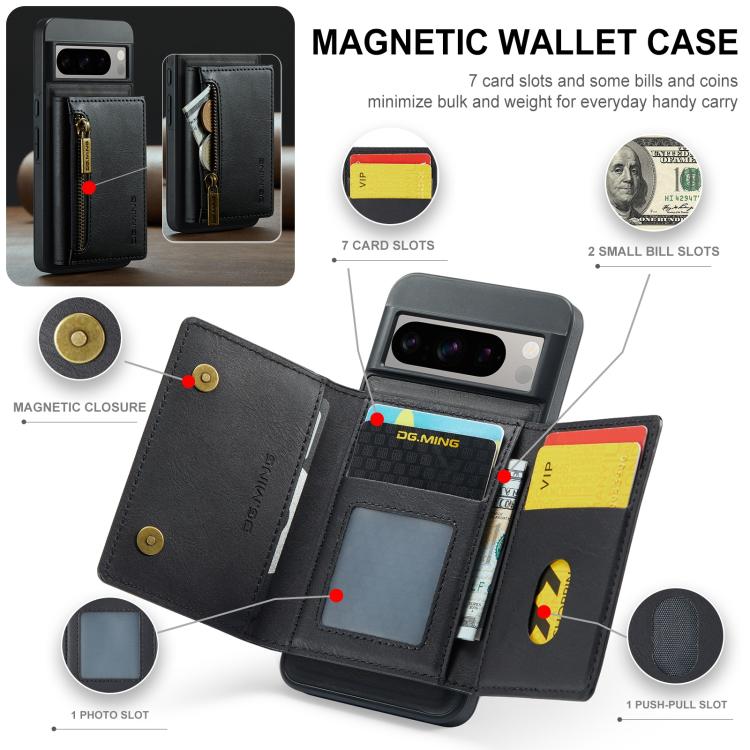 For Google Pixel 8 DG.MING M5 Series Zip RFID Multi Card Detachable Leather Phone Case