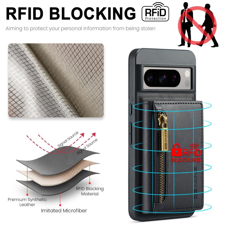 For Google Pixel 8 DG.MING M5 Series Zip RFID Multi Card Detachable Leather Phone Case