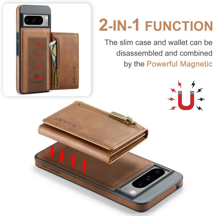 For Google Pixel 8 DG.MING M5 Series Zip RFID Multi Card Detachable Leather Phone Case