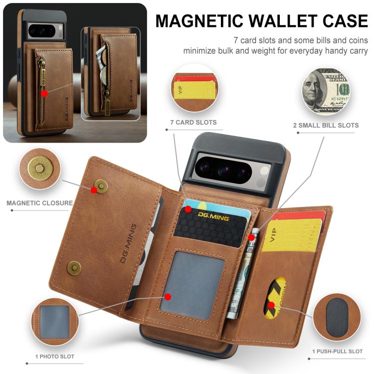 For Google Pixel 8 DG.MING M5 Series Zip RFID Multi Card Detachable Leather Phone Case