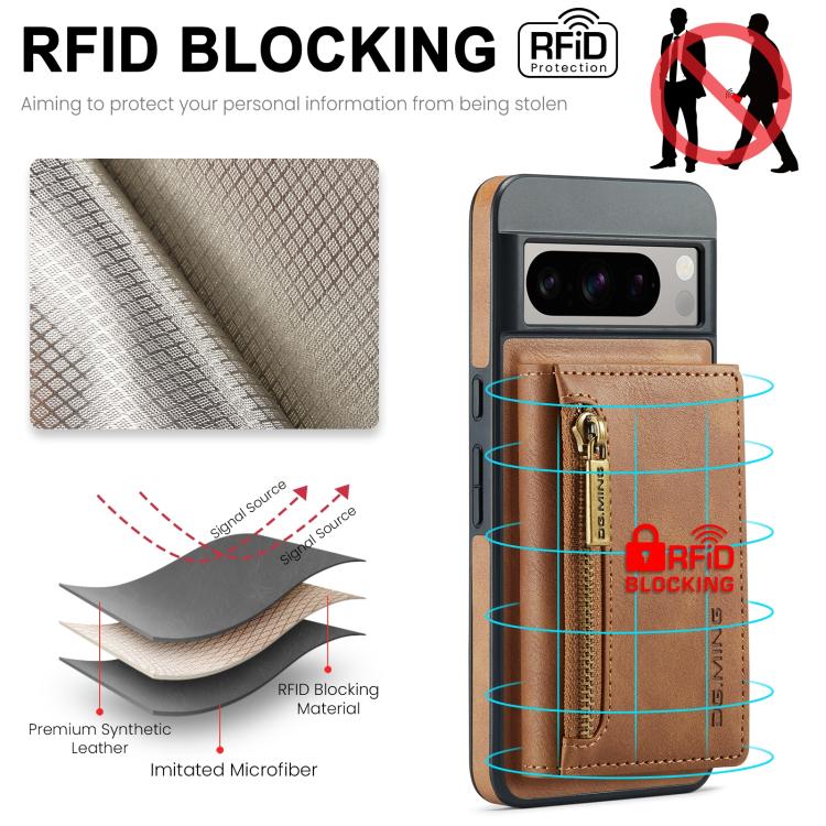 For Google Pixel 8 DG.MING M5 Series Zip RFID Multi Card Detachable Leather Phone Case