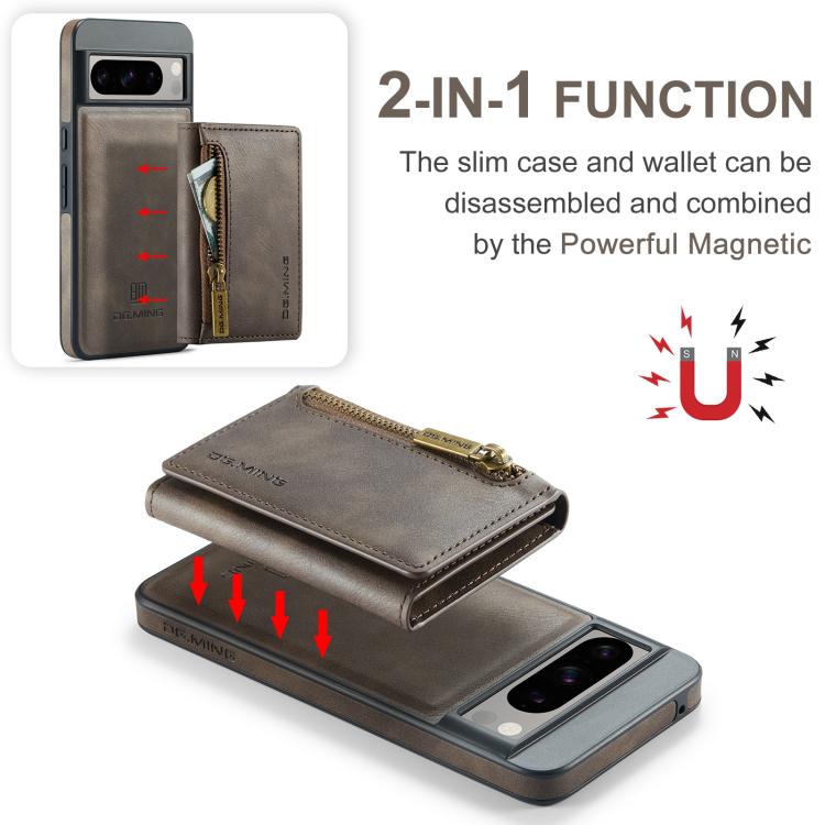 For Google Pixel 8 DG.MING M5 Series Zip RFID Multi Card Detachable Leather Phone Case