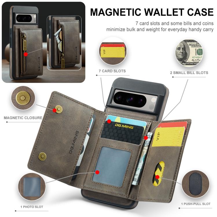 For Google Pixel 8 DG.MING M5 Series Zip RFID Multi Card Detachable Leather Phone Case