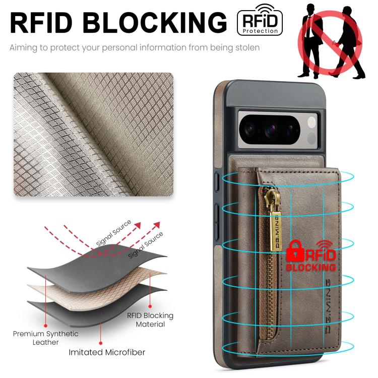 For Google Pixel 8 DG.MING M5 Series Zip RFID Multi Card Detachable Leather Phone Case