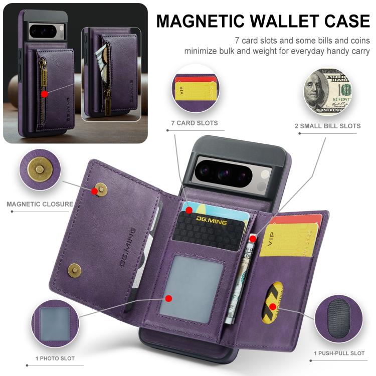 For Google Pixel 8 DG.MING M5 Series Zip RFID Multi Card Detachable Leather Phone Case