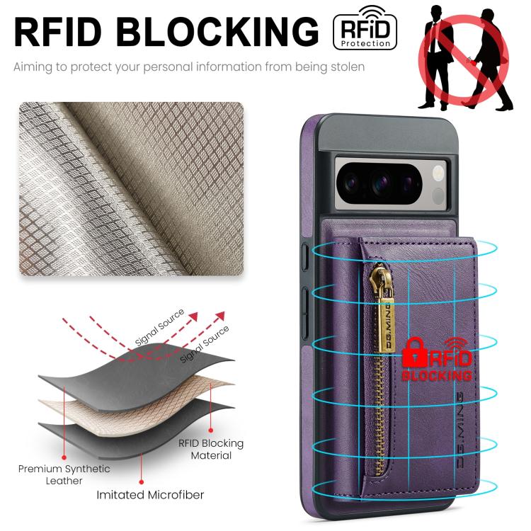 For Google Pixel 8 DG.MING M5 Series Zip RFID Multi Card Detachable Leather Phone Case