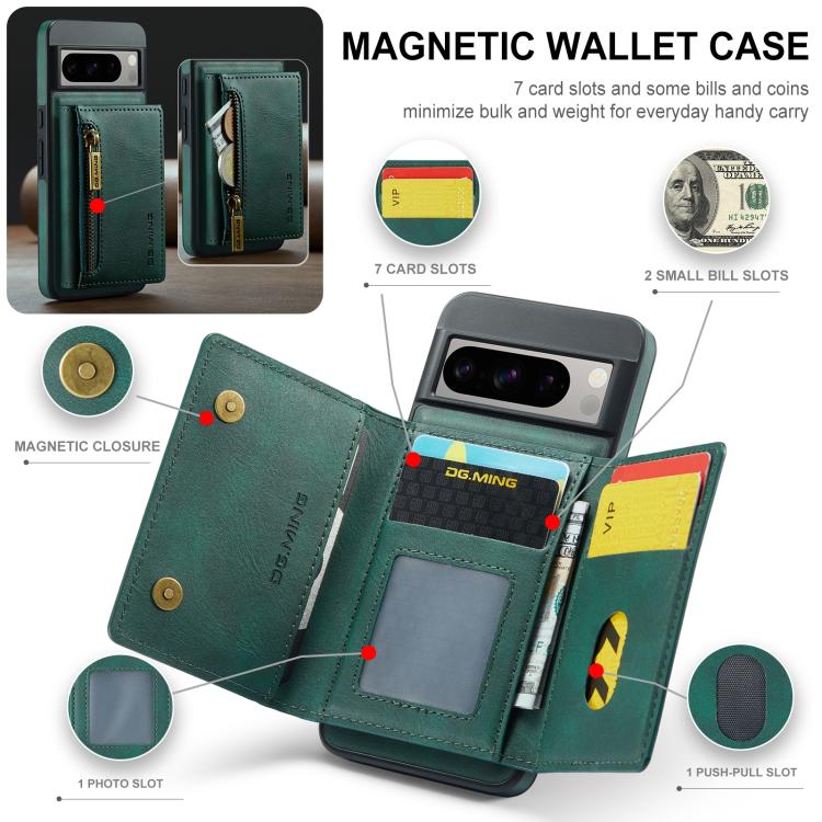For Google Pixel 8 DG.MING M5 Series Zip RFID Multi Card Detachable Leather Phone Case