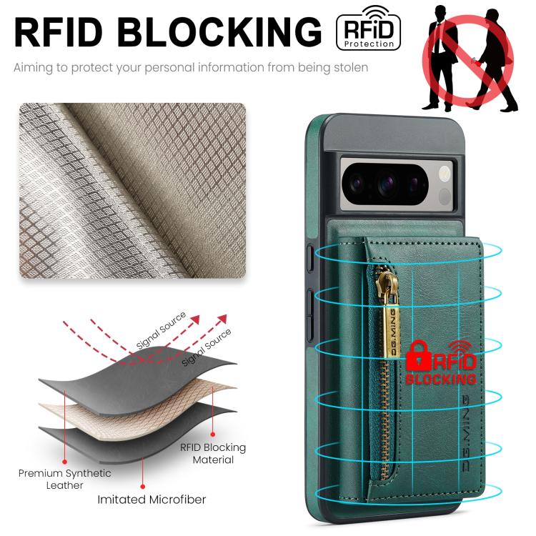For Google Pixel 8 DG.MING M5 Series Zip RFID Multi Card Detachable Leather Phone Case
