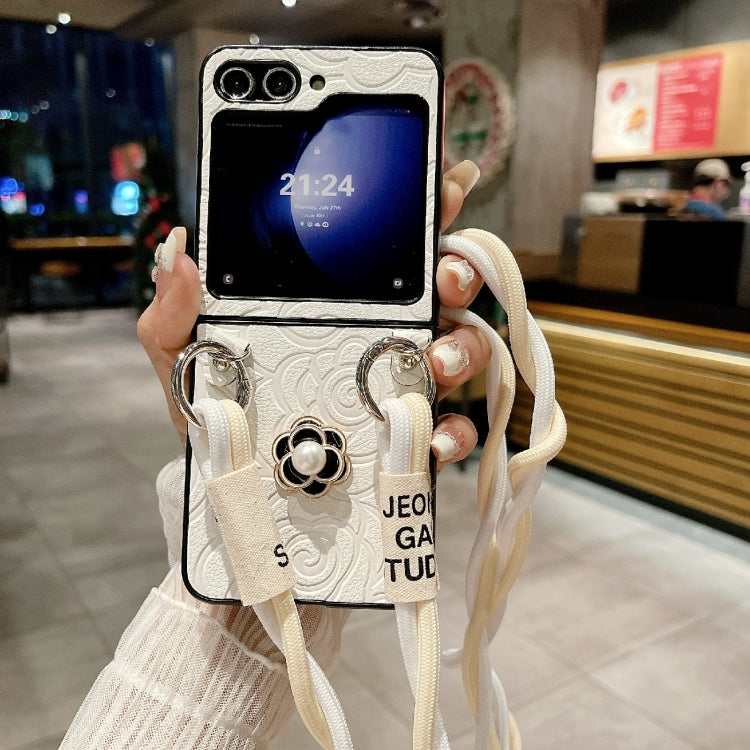 For Samsung Galaxy Z Flip6 / Flip7 FE Impression Camellia Pattern Protective Phone Case with Long Lanyard
