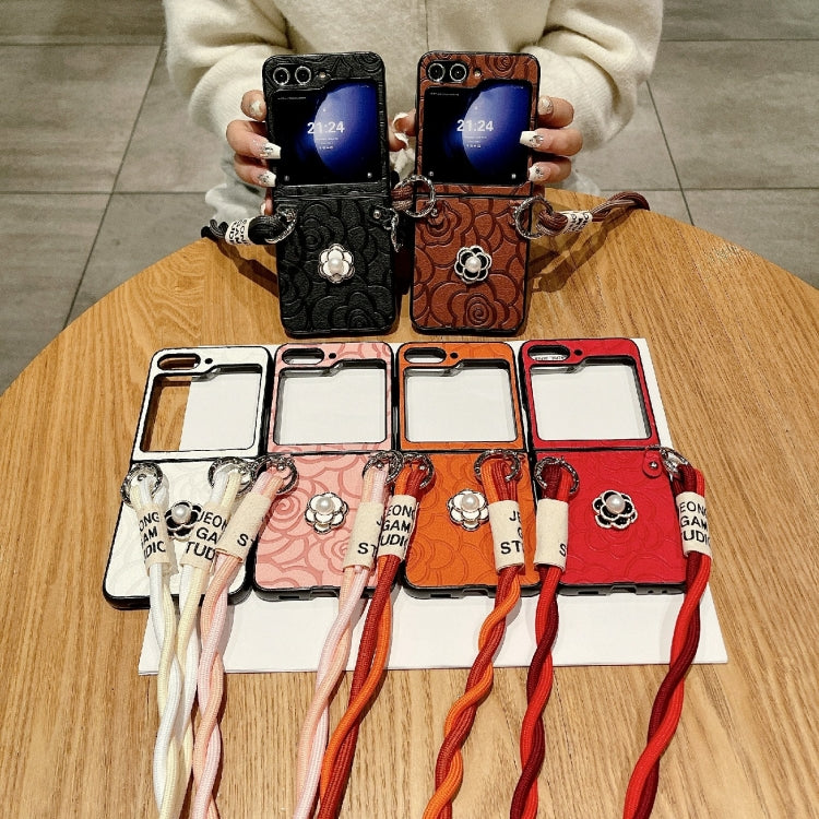 For Samsung Galaxy Z Flip6 / Flip7 FE Impression Camellia Pattern Protective Phone Case with Long Lanyard