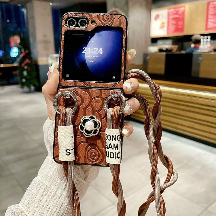 For Samsung Galaxy Z Flip6 / Flip7 FE Impression Camellia Pattern Protective Phone Case with Long Lanyard