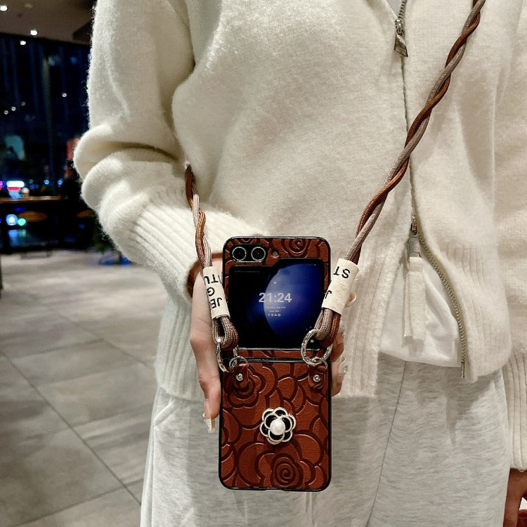 For Samsung Galaxy Z Flip6 / Flip7 FE Impression Camellia Pattern Protective Phone Case with Long Lanyard