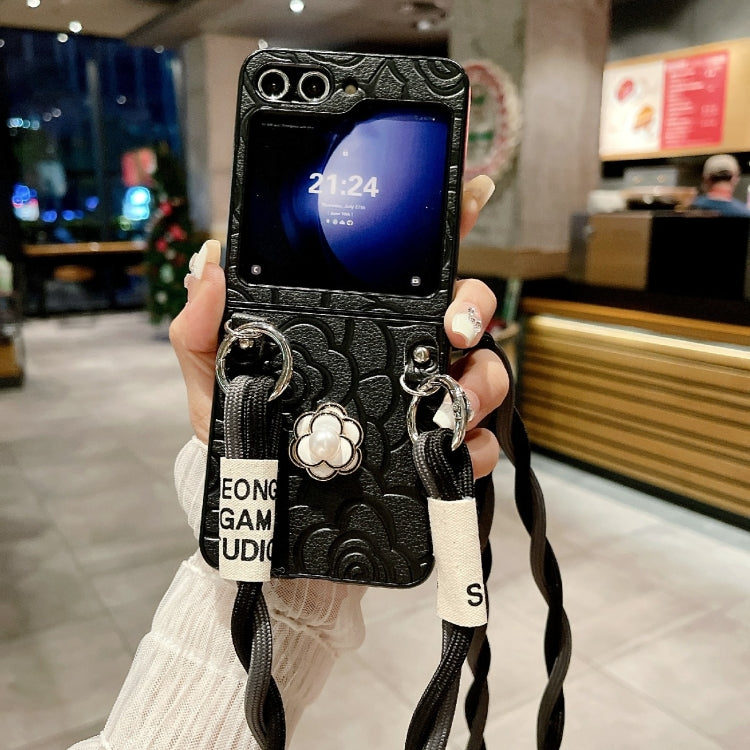 For Samsung Galaxy Z Flip6 / Flip7 FE Impression Camellia Pattern Protective Phone Case with Long Lanyard