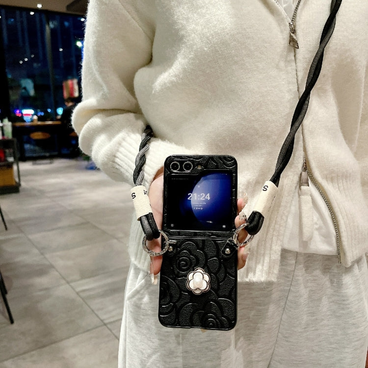 For Samsung Galaxy Z Flip6 / Flip7 FE Impression Camellia Pattern Protective Phone Case with Long Lanyard