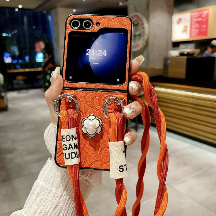 For Samsung Galaxy Z Flip6 / Flip7 FE Impression Camellia Pattern Protective Phone Case with Long Lanyard