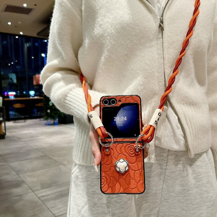 For Samsung Galaxy Z Flip6 / Flip7 FE Impression Camellia Pattern Protective Phone Case with Long Lanyard
