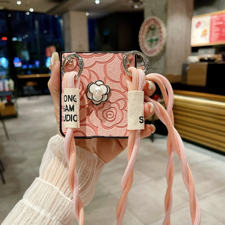 For Samsung Galaxy Z Flip6 / Flip7 FE Impression Camellia Pattern Protective Phone Case with Long Lanyard