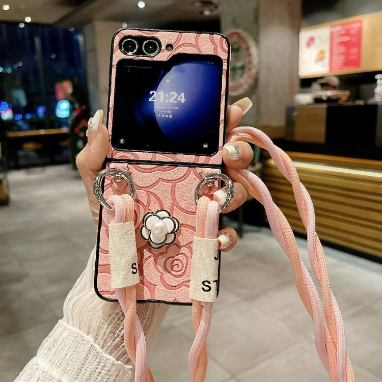 For Samsung Galaxy Z Flip6 / Flip7 FE Impression Camellia Pattern Protective Phone Case with Long Lanyard