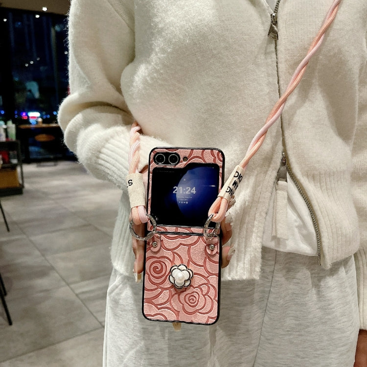 For Samsung Galaxy Z Flip6 / Flip7 FE Impression Camellia Pattern Protective Phone Case with Long Lanyard
