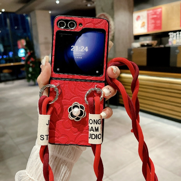 For Samsung Galaxy Z Flip6 / Flip7 FE Impression Camellia Pattern Protective Phone Case with Long Lanyard