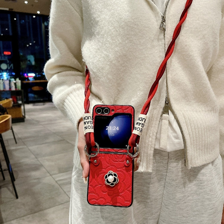 For Samsung Galaxy Z Flip6 / Flip7 FE Impression Camellia Pattern Protective Phone Case with Long Lanyard
