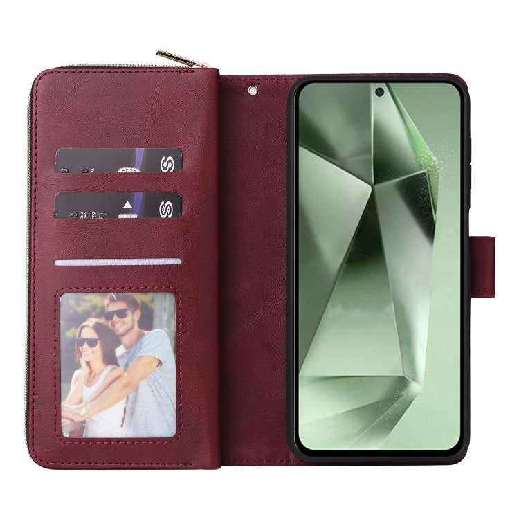 For Samsung Galaxy S24 FE 5G 9-Card Slots Zipper Wallet Bag Leather Phone Case