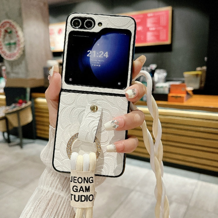 For Samsung Galaxy Z Flip6 Impression Camellia Pattern Protective Phone Case with Diamond Ring Long Lanyard