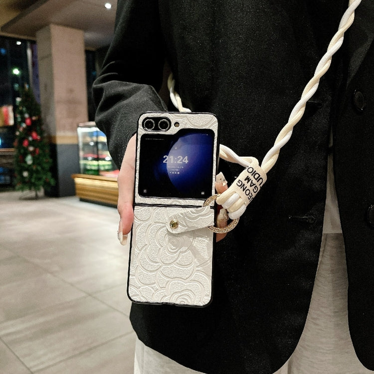 For Samsung Galaxy Z Flip6 Impression Camellia Pattern Protective Phone Case with Diamond Ring Long Lanyard