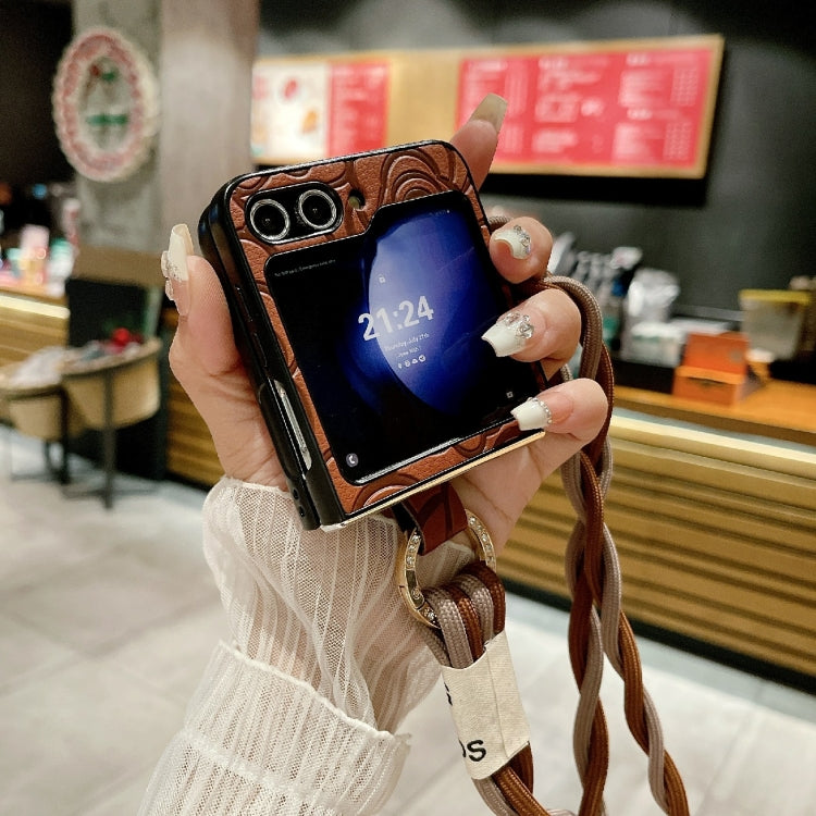For Samsung Galaxy Z Flip6 Impression Camellia Pattern Protective Phone Case with Diamond Ring Long Lanyard