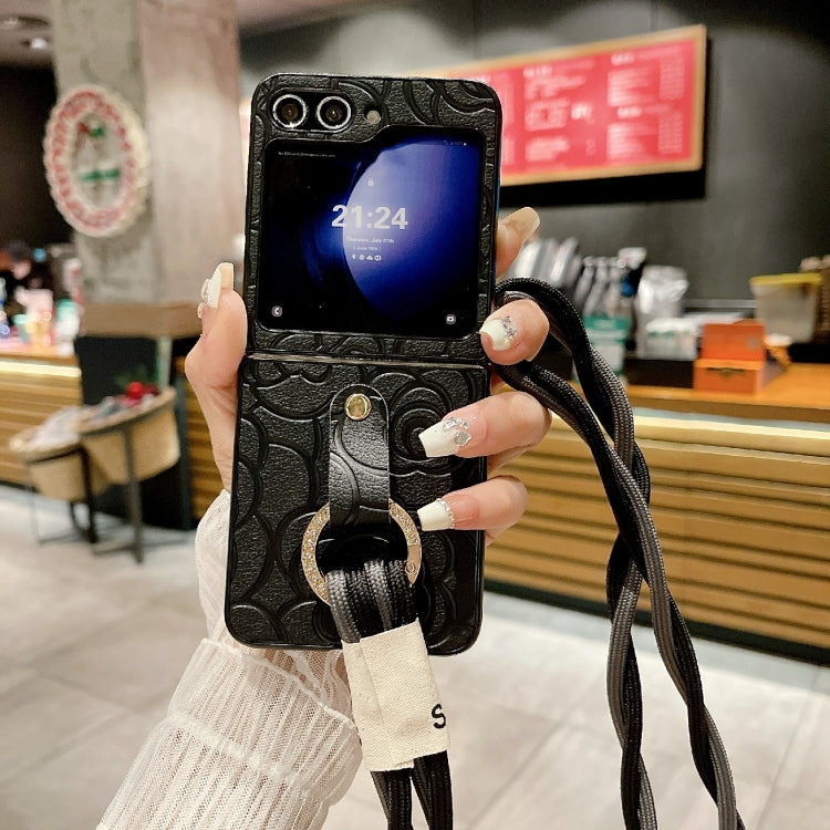 For Samsung Galaxy Z Flip6 Impression Camellia Pattern Protective Phone Case with Diamond Ring Long Lanyard