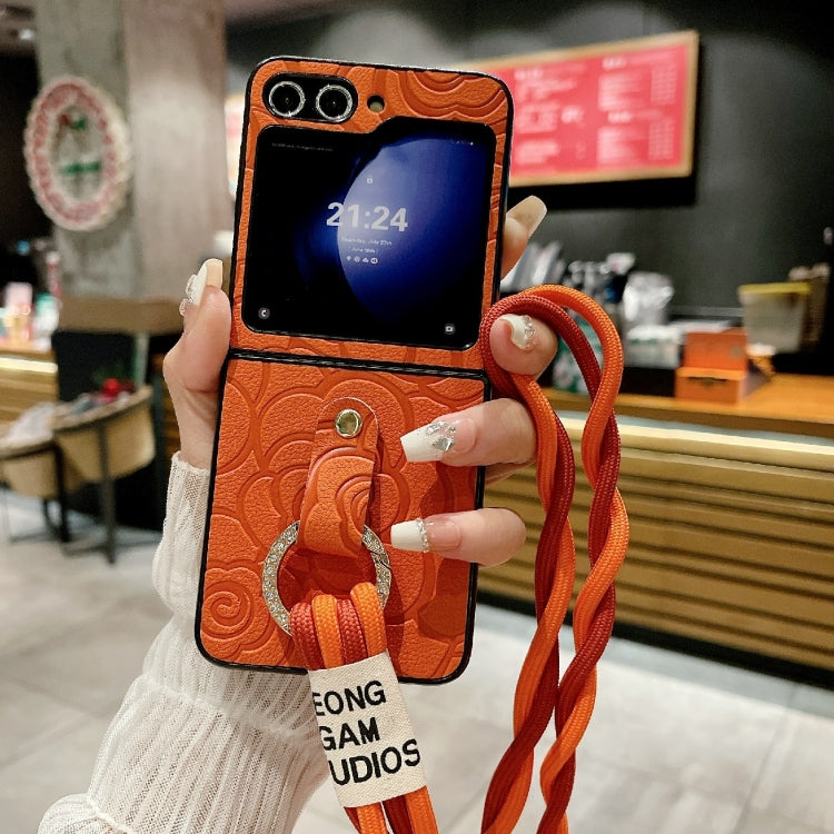 For Samsung Galaxy Z Flip6 Impression Camellia Pattern Protective Phone Case with Diamond Ring Long Lanyard