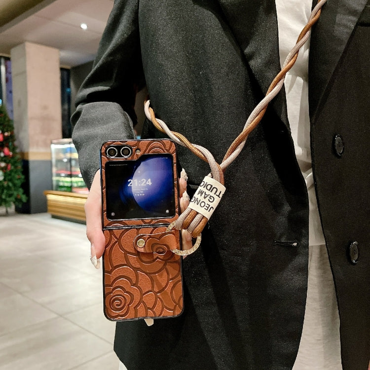 For Samsung Galaxy Z Flip6 Impression Camellia Pattern Protective Phone Case with Diamond Ring Long Lanyard