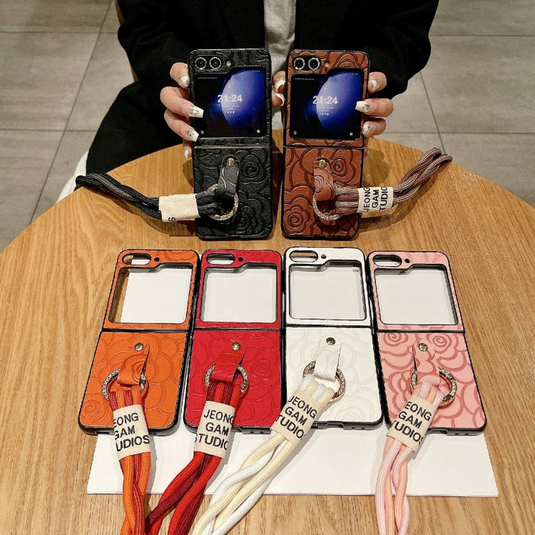 For Samsung Galaxy Z Flip6 Impression Camellia Pattern Protective Phone Case with Diamond Ring Long Lanyard